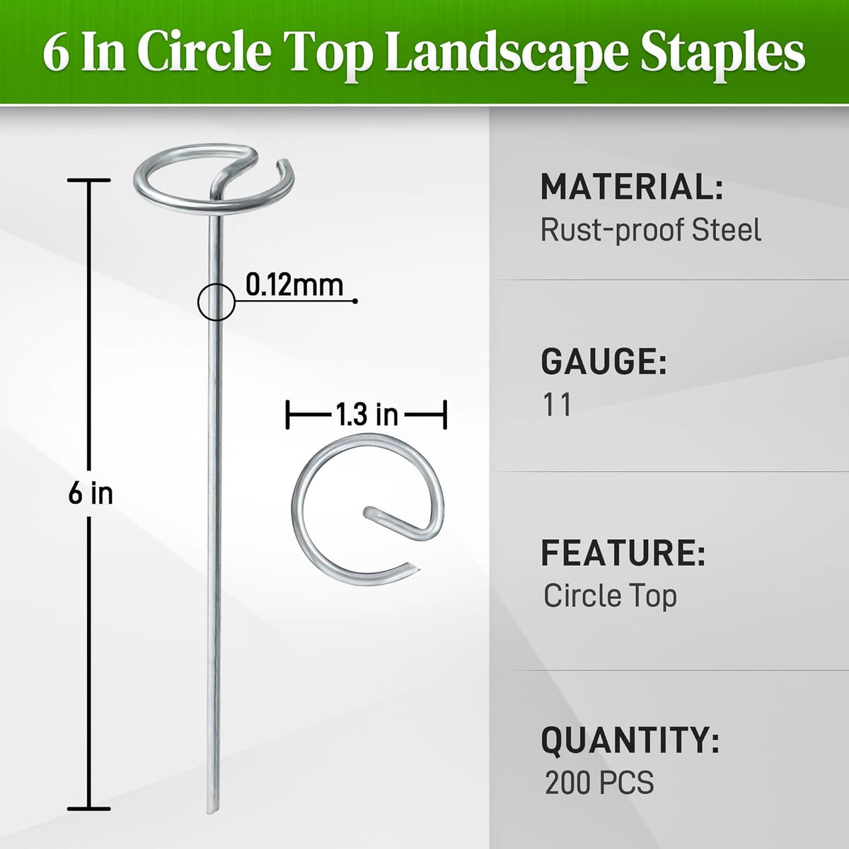 200 Pcs Circle Top Landscape Staples, 11 Gauge Landscape Fabric Pins, 6 Inch Garden Stake for Landscaping, Galvanized Landscape Fabric Stakes, Heavy Duty Ground Stakes for Lawn Weed Barrier