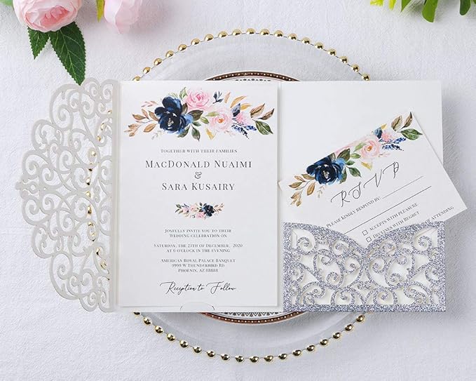 PONATIA 5.12 x 7.2 Laser Cut Invitation Pocket, 20 Tri-Fold 5 x 7 Laser Cut Wedding Invitation Pockets with Envelopes for Wedding Bbay Shower Birthday Sweet 16 Invite (Silver Glitter, No Inner Sheet)