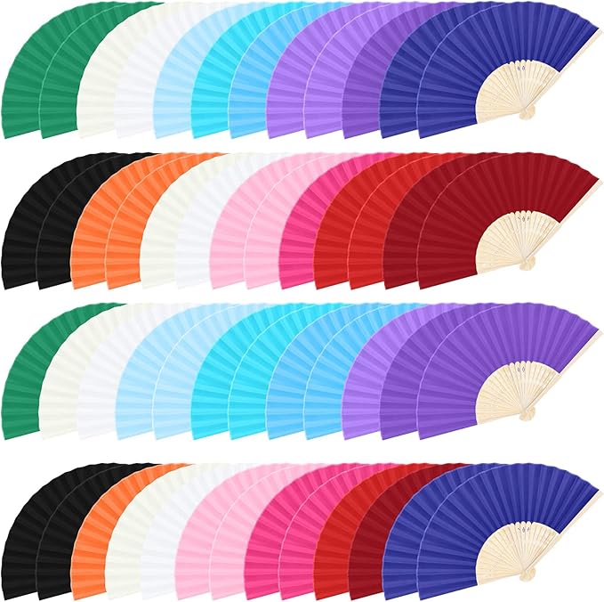 MCEAST 50 Pieces Silk Folding Fan with Bamboo Frames, Handheld Fan Folding Hand Fan Foldable Fan for Wedding Gifts, Party Favors, Home Decoration, Multicolor