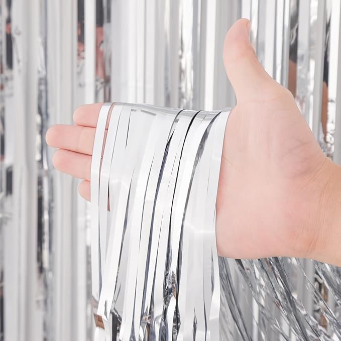 2 Pack Silver Tinsel Foil Fringe Curtains, Silver Party Decorations, Metallic Tinsel Party Streamers Backdrop for Birthday Baby Shower Graduation Wedding Bachelorette Party Decorations