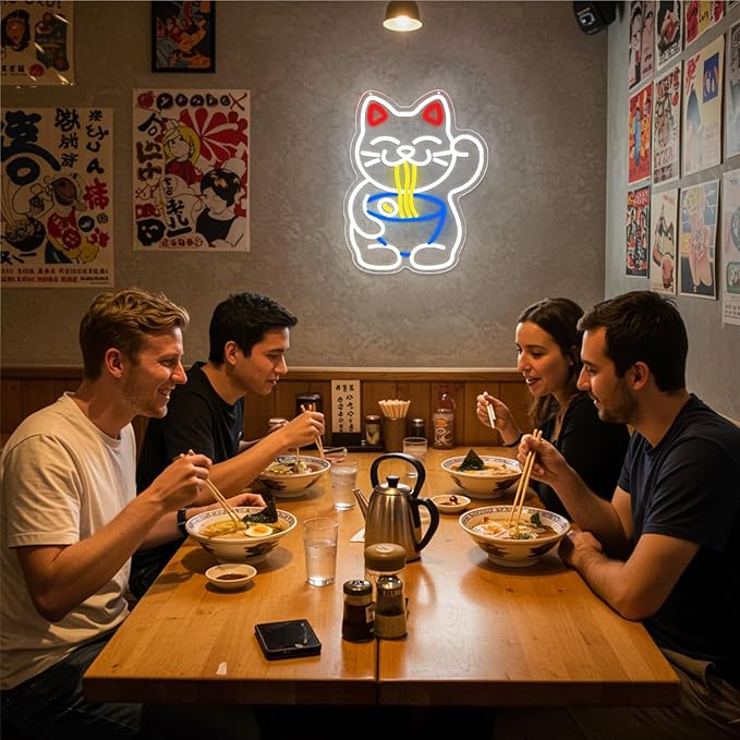 Lucky Cat Ramen Neon Sign,Neon Signs for Wall Decor,Dimmable USB Led Cat Sign,Neon Lights for Bedroom,Japanese Lucky Cat Noodle Led Neon Signs,Gift for Ramen Lovers,Anime Fans & Foodies