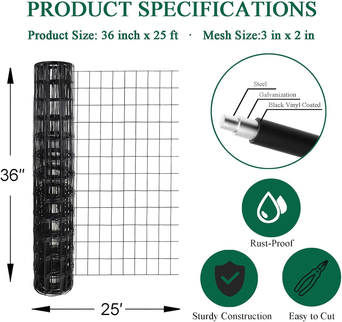 Black PVC Coated Welded Wire Fence 36 Inch x 25 Foot, 2 Inch x 3 Inch 16GA, Garden Border Fencing Roll Vinyl Coating Metal Wire Mesh for Yard Vegetable Plant Protection Poultry Netting