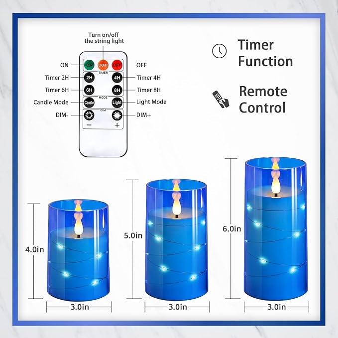 NURADA Flickering Flameless Candles: 3D Wick Built-in Star String Lights Acrylic Unbreakable Battery Operated LED Pillar Candles with Remote and Timer - 3 Pack for Wedding Valentine's Day Decor