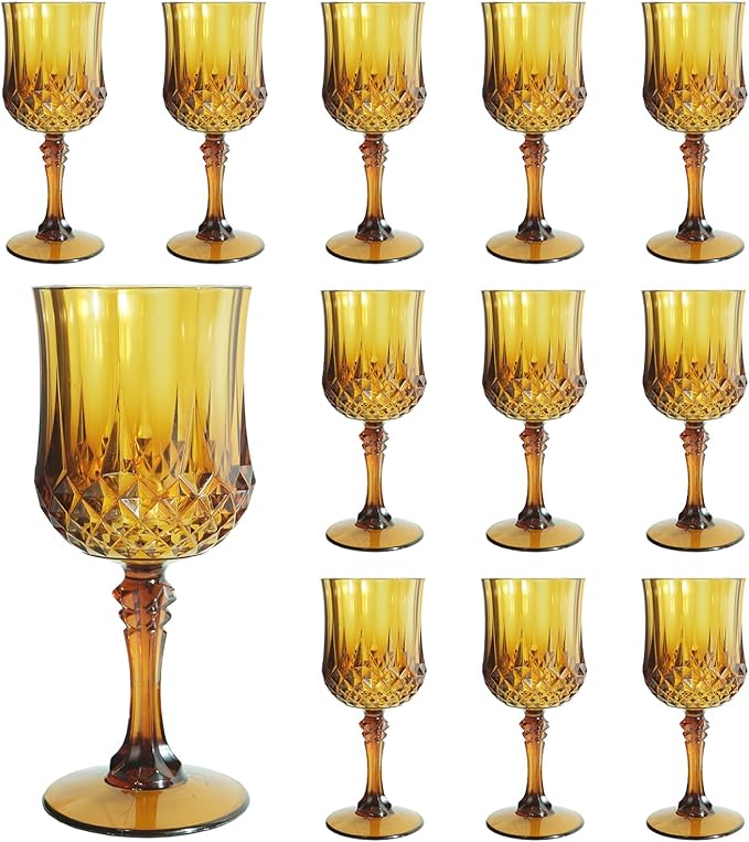 Plastic Wine Glasses，Plastic Goblets Vintage Style Cordial Drinking Glasses for Wedding Reception, Grand Event Party Supplies (12, Amber)
