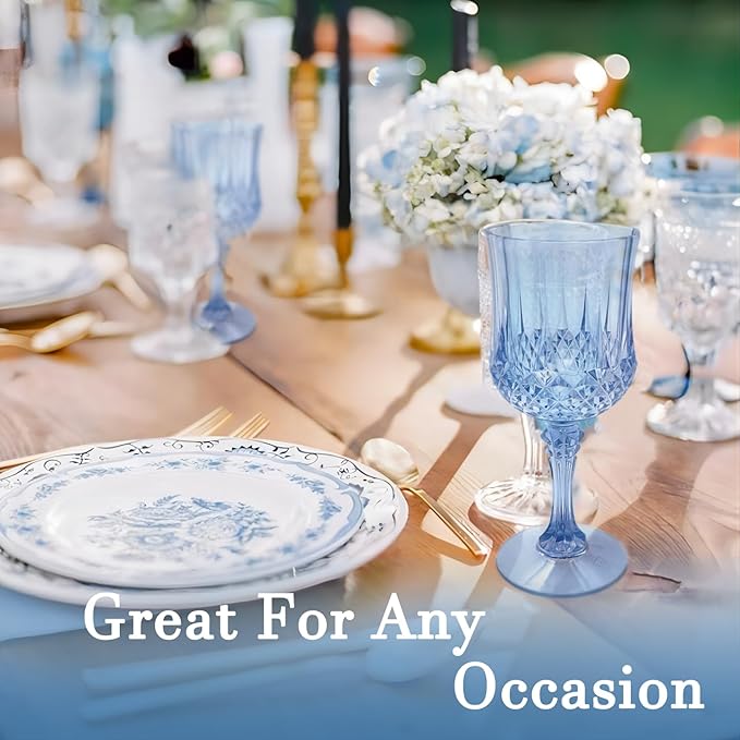 Plastic Wine Glasses，Plastic Goblets Vintage Style Cordial Drinking Glasses for Wedding Reception, Grand Event Party Supplies (12, Blue)