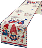Cute Patriotic Gnomes Table Runner, American Independence Day 4th of July Gnome Blue Red Fireworks Confetti Print Table Runner for Home Kitchen Dining Table Party Decor, 13x60inch