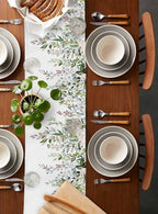 Botanical Eucalyptus Cotton Linen Table Runner for Dining Kitchen, Wedding Outdoor Party Tablerunners Decoration, Sage Green Leaves Elegant Floral Dresser Scarf Coffee Tablecloth Runners 13x48 Inches