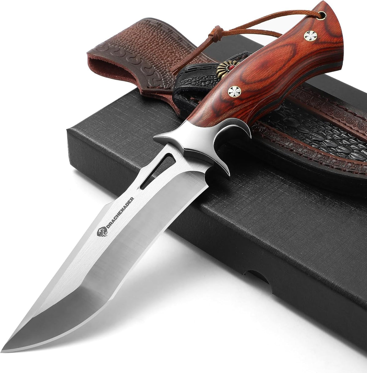 10.24" M390 Knives Hunting Knife Fixed Blade with Leather Sheath, Bushcraft Full Tang Knife Non-slip Red Coloured Wooden Handle