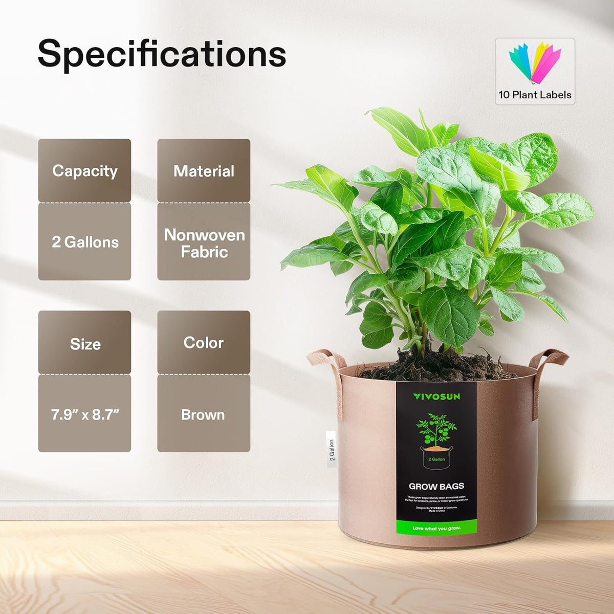 VIVOSUN 5-Pack 2 Gallons Grow Bags Heavy Duty Thickened Nonwoven Fabric Pots with Strap Handles Tan