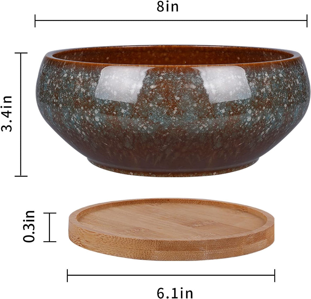 8 Inch Ceramic Bonsai Planter Pot, Glazed Shallow Succulent Planter with Drainage Hole and Bamboo Saucer for Indoor Plants, Green