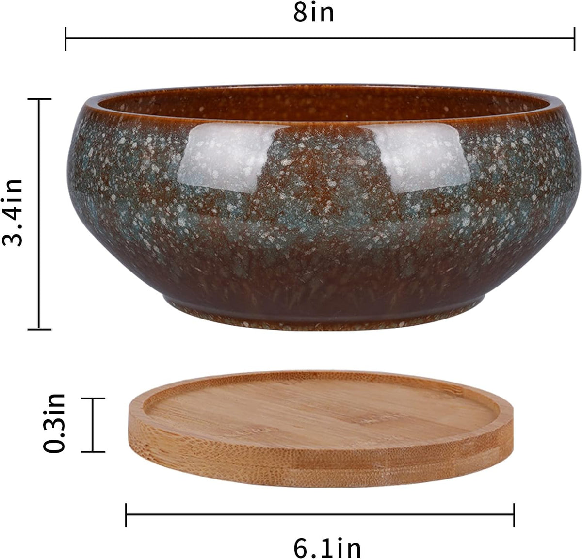 8 Inch Ceramic Bonsai Planter Pot, Glazed Shallow Succulent Planter with Drainage Hole and Bamboo Saucer for Indoor Plants, Green