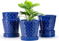 EFISPSS Ceramic Plant Pots, 5Inch Pots for Indoor Plants, Planters with Drainage Holes and Ceramic Tray,Plant Lover Gift, Desktop Office Windowsill Decoration Gift Set of 4 - Blue