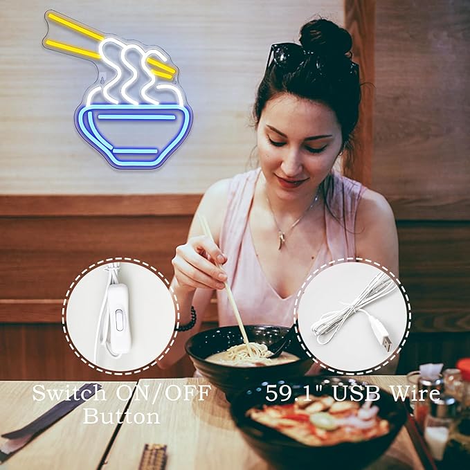 Ramen Neon Sign Blue Led Neon Lights for Wall Decor Noodle Light Up Signs for Resturant Home Bar Kitchen Dinning Room Cafe Japanese Noodle Shop Decorations