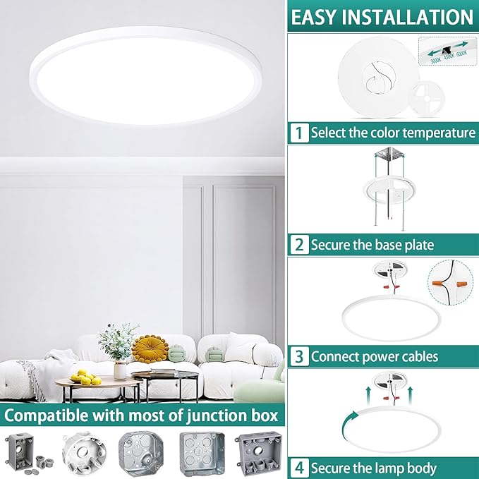 20 Inch Dimmable LED Ceiling Light Fixture, Ultra Thin Flush Mount, 40W 4000Lumen, 3 Color Changeable, Round, White, for Dining Room, Kitchen, Bedroom, Office, Hotel