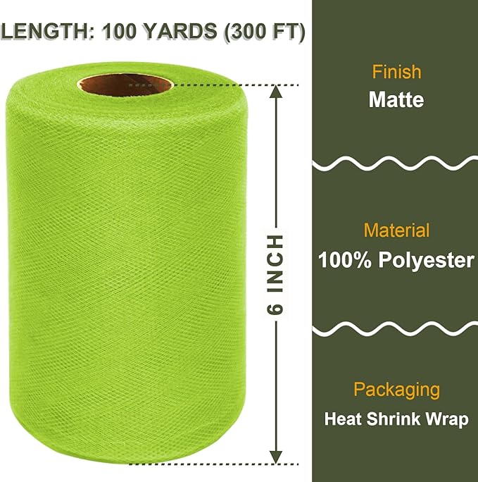 Lime Green Tulle Fabric Roll 6 Inch X 300 FT (100 Yards) Matte Tulle Ribbon Netting Mesh Spool for DIY Tutu Skirt Wedding Bow Gift Wrapping Baby Shower Christmas Party Halloween Decorations