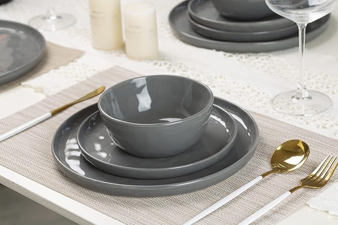 Famiware Mars Plates and Bowls Set, 18 Pieces Dinnerware Sets, Dishes Set for 6, Dark Gray