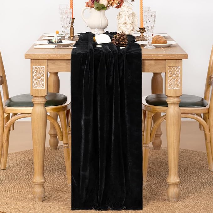 MLMC Black Velvet Table Runner 10ft Glossy Luxury Velvet Fall Table Runner 20x120 Inches Wedding Runner for Fall Bridal Shower Birthday Party Halloween Decor