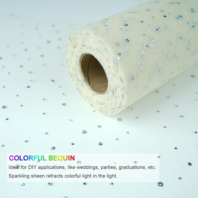 Glitter Tulle Rolls, 6' by 50 Yards (150FT) Sequin Tulle Netting Fabric for Tutu Skirts Sewing Birthday Wedding Party Decoration (Ivory)
