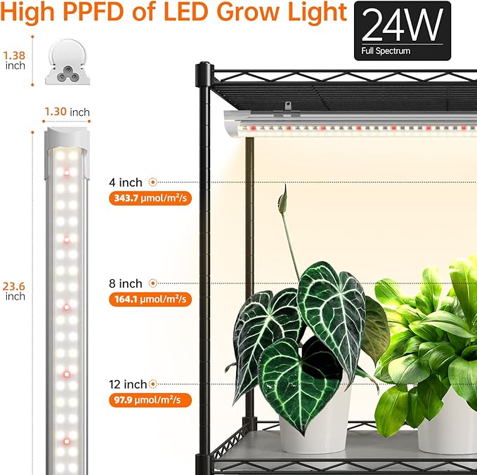 Bstrip Plant Shelf with Grow Light, Metal Plant Stand with Adjustable Rack and Wheels, 5 Pack T8 Full Spectrum Grow Light Strip for Indoor Plants, Seed Starting, Seed Tray, 35.4"x13.8"x71"