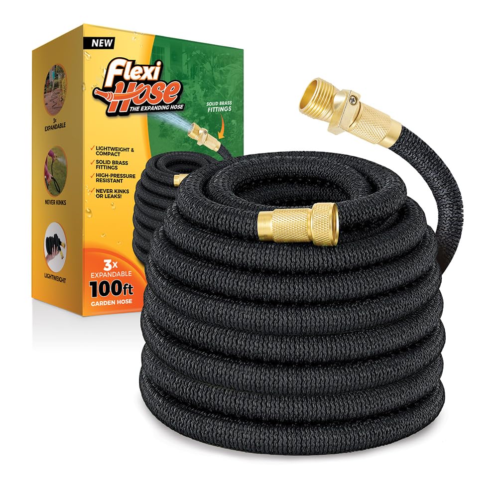 Flexi Hose Lightweight Expandable Garden Hose, 100FT -Retractable Garden Hose, Water Hose - No-Kink Flexibility, 3/4 Inch Solid Brass Fittings and Double Latex Core