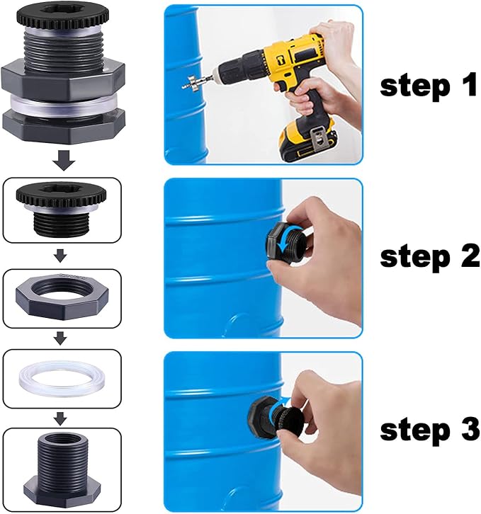 2 PCS Rain Barrel Bulkhead Fitting kit with Plugs and Hole Saw Tool, 1 Inch PVC Spigot Connector Kit for Rain Barrels Water Tanks Pools Aquariums Tubs (Bulkhead 1 Inch)