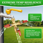 Hose Splitter 3 Way Heavy Duty Brass Garden Hose Splitter with 304 Stainless Steel Long Handle Outdoor Full Flow Hose Splitter Connector, 3/4" GHT Thread