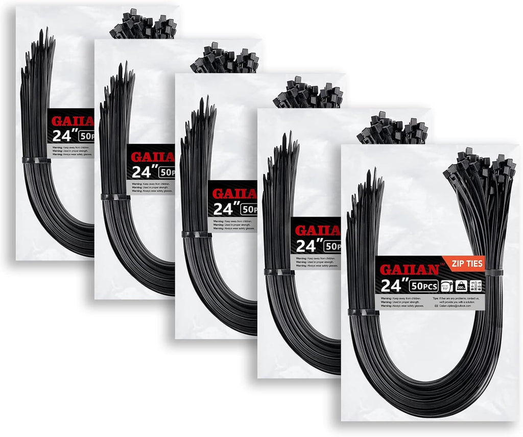 Long Zip Ties Heavy Duty 24 inch, Large Zip Ties with 200 lbs Tensile Strength, Big Cable Ties, Black, 250 Pack, by GAIIAN