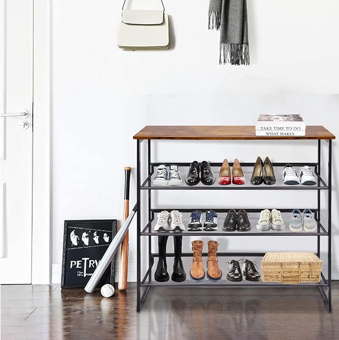 Garden 4 you 4-Tiers Shoe Storage Freestanding Organizer Modern 25.2 in Tilting Adjustable Shoe Rack for High Heels, Entryways, Hallways, Closets, Dormitory Rooms, Industrial, Brown