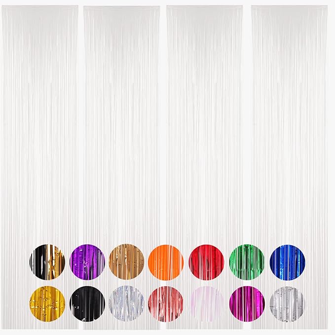 4 Pack White Foil Fringe Backdrop Curtains, Tinsel Streamers Birthday Party Decorations, Fringe Backdrop for Graduation, Baby Shower, Gender Reveal, Disco Party