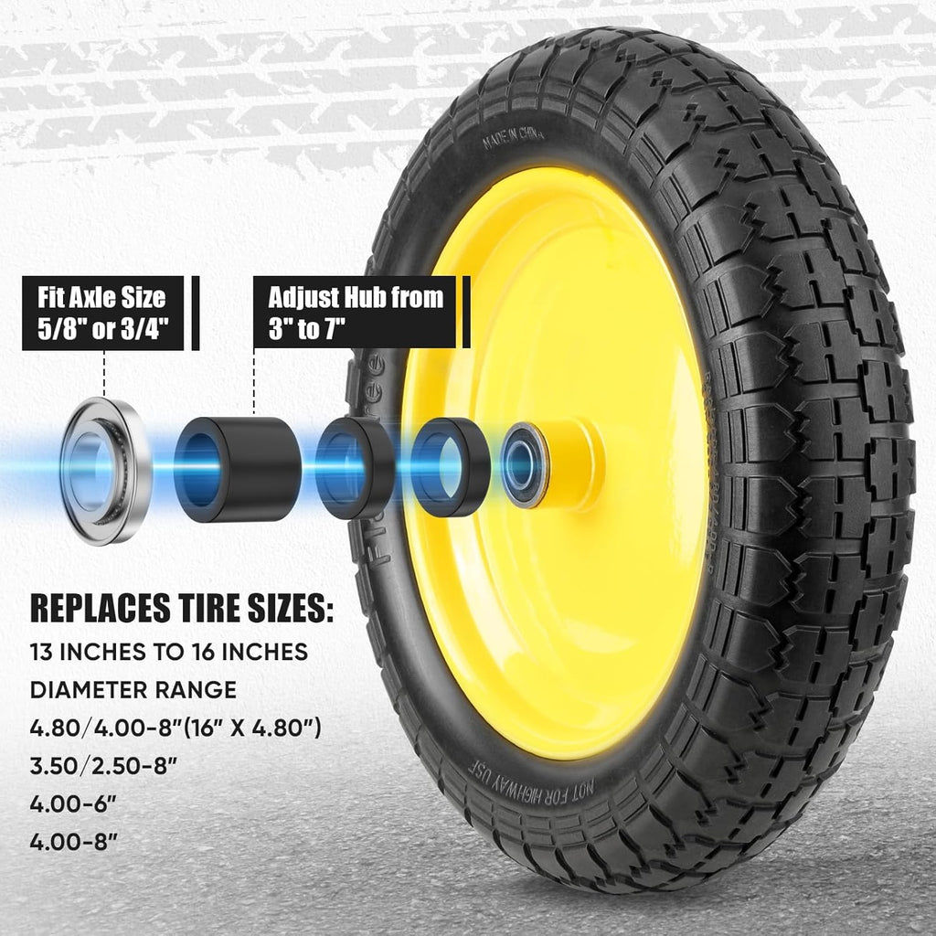 TICONN 4.80/4.00-8 Tire, 14.5" Flat Free Wheelbarrow Tire and Wheel, Solid Replacement Tires with 3" Centered Hub, 5/8" 3/4" Bearings, Universal Fit 4.80/4.00-8, 3.50/3.00-8, 4.00-6 (Yellow)