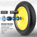 TICONN 4.80/4.00-8 Tire, 14.5" Flat Free Wheelbarrow Tire and Wheel, Solid Replacement Tires with 3" Centered Hub, 5/8" 3/4" Bearings, Universal Fit 4.80/4.00-8, 3.50/3.00-8, 4.00-6 (Yellow)