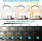 24 Inch Flush Mount Ceiling Light Fixture Dimmable with Remote Control, 56W, 5600 Lumen, Modern, Round, Black, for Kitchen, Dining Room, Bedroom, Living Room, Home Office