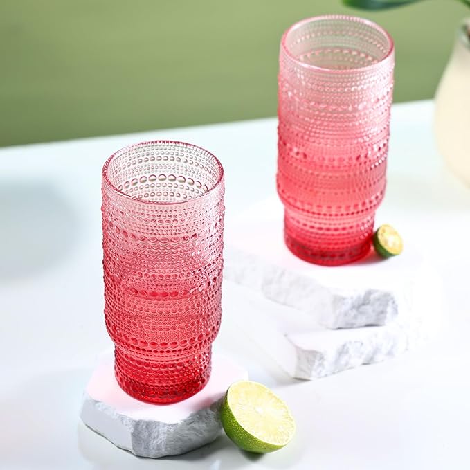 6pcs Hobnail Drinking Glasses Set, 16 oz Vintage Glassware Drinking Glasses, Gradual Red Water Glasses Tumbler, Christmas Gifts for Women