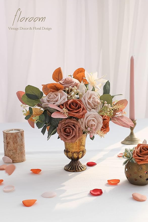Floroom Artificial Flowers 25pcs Real Looking Burnt Orange Ombre Colors Foam Fake Roses with Stems for DIY Wedding Bouquets Bridal Shower Floral Centerpieces Party Tables Home Decorations