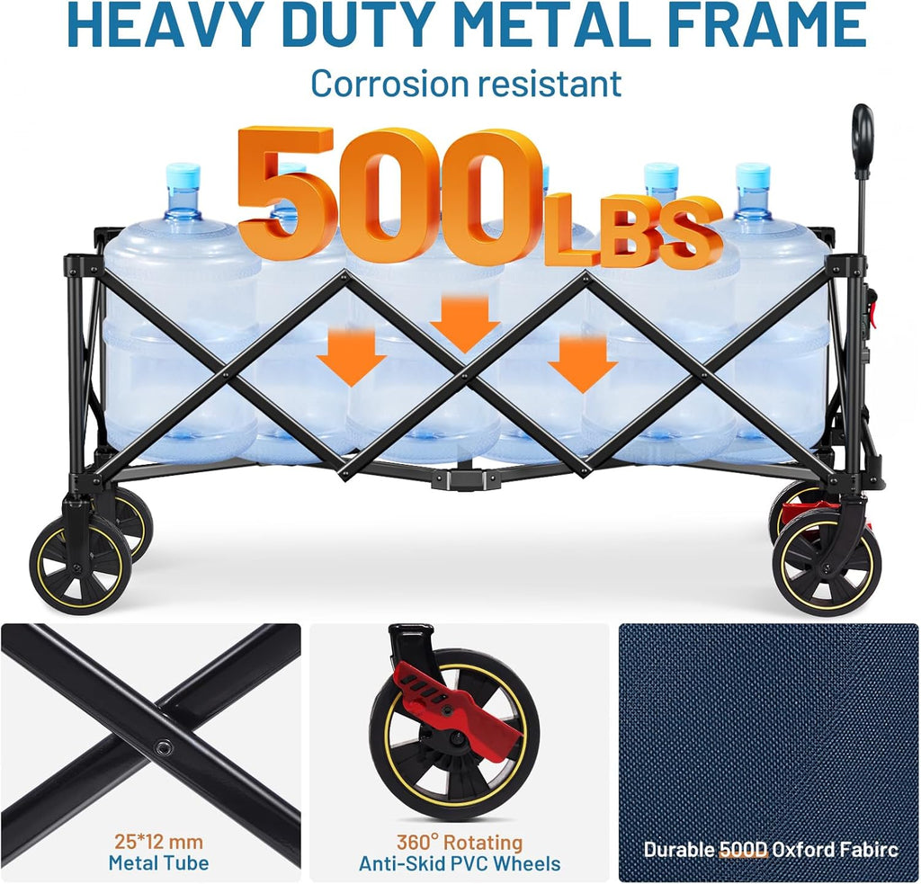 TIMBER RIDGE 51.2'' Extended Collapsible Wagon Cart with Brakes and Cargo Net, 500LBS Heavy Duty Foldable Utility Wagon with Adjustable Handle, 400L Capacity Portable Cart for Camping Sports Shopping