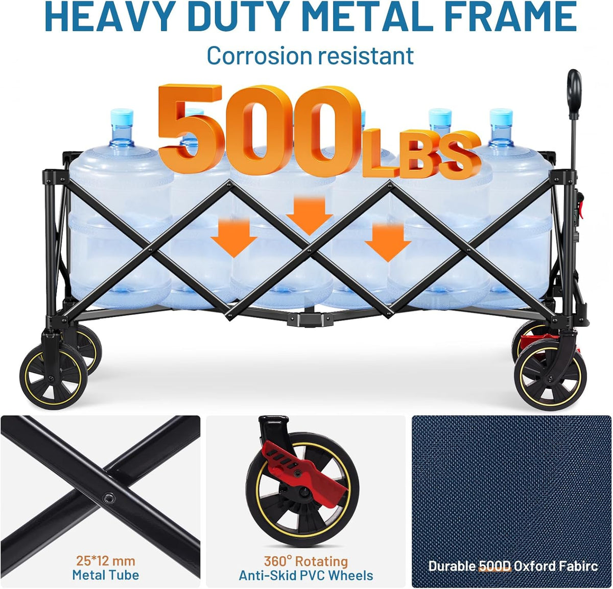 TIMBER RIDGE 51.2'' Extended Collapsible Wagon Cart with Brakes and Cargo Net, 500LBS Heavy Duty Foldable Utility Wagon with Adjustable Handle, 400L Capacity Portable Cart for Camping Sports Shopping