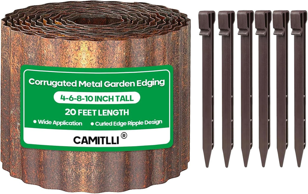 Corrugated Metal Garden Edging,Sturdy Tall Landscape Edging Borders with 6pcs Anchor Stakes, Perfect DIY for Flower Beds, Lawn and Pathway,Tree Surrounds,Paver Edges (Pre-Rusted 6"×20FT)