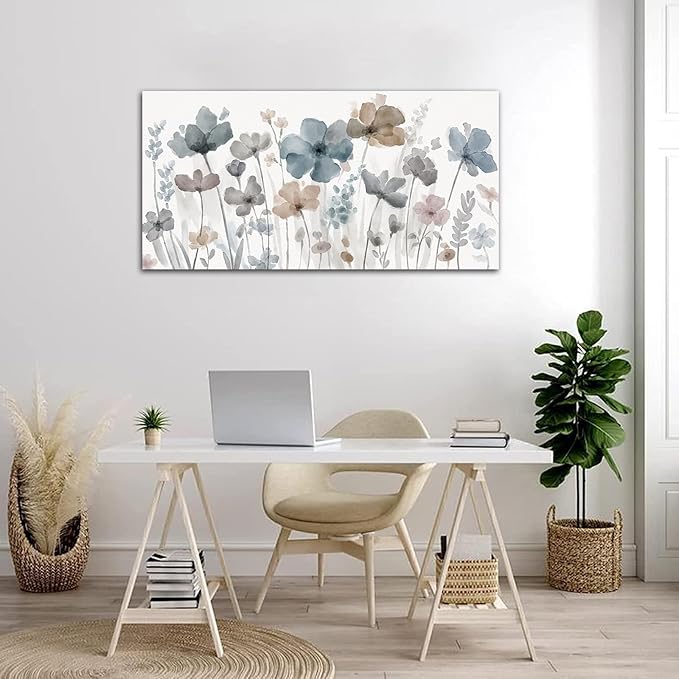 Elegant Flowers Canvas Wall Art - Floral Pictures for Wall Decor Indigo Brown Grey Canvas Painting Nature Printing Artwork for Living Room Bedroom Home Office Wall Decoration 24" x 48"