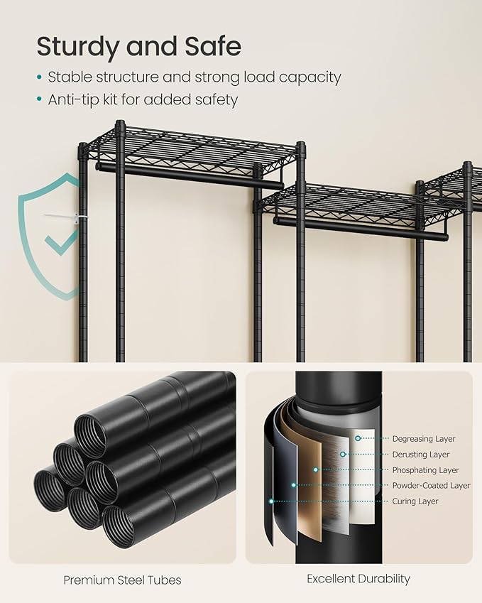 SONGMICS Heavy-Duty Clothes Rack, Garment Rack, Portable Closet, 56.9-Inch Wide Clothing Rack, with Adjustable Mesh Shelves and Hanging Rails, Ink Black ULGR432B01