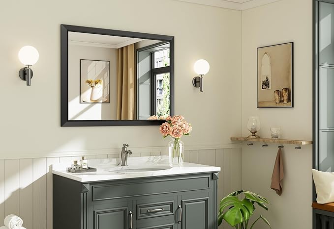 40x30 Inch Black Bathroom Mirror for Wall, Thick Metal Framed Rectangle Mirrors for Over Sink, Bedroom, Living Room, Entryway, Anti-Rust, HD Tempered Glass