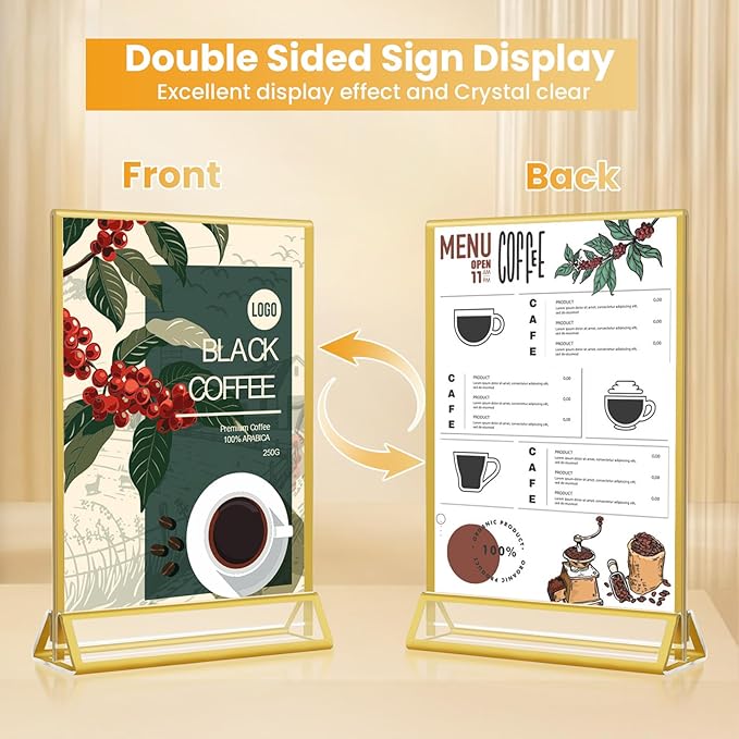 4x6 Gold Acrylic Sign Holder, 12 Pack Wedding Table Number Holder Stands with Vertical Gold Borders, Double Sided Picture Frame Paper Stand, Clear Photo Display Menu Holder for Party, Home, Restaurant