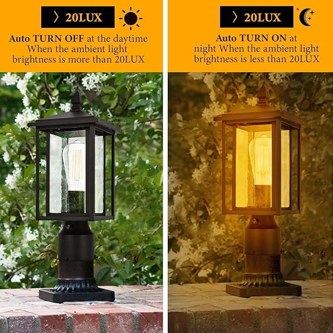 Outdoor Dusk to Dawn Post Light Fixture with Glass, Aluminum Light Post Lamps for Patio, Yard, Garden, Porch