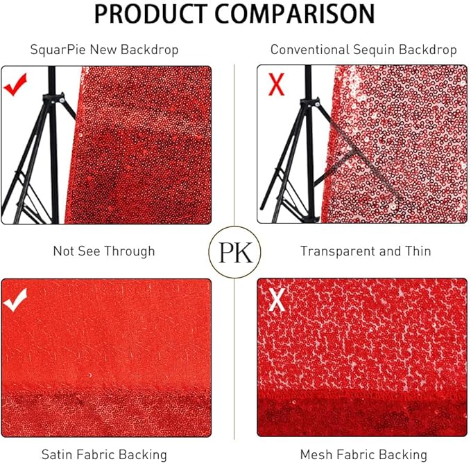 SquarePie Sequin Backdrop Less Transparent Background Sparkly Curtain for Wedding Party 7FT x 7FT Red