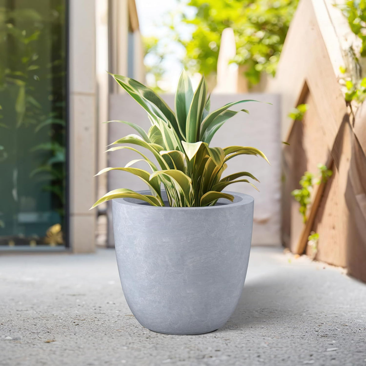 Kante 10 Inch Dia Round Concrete Planter, Indoor Outdoor Large Plant Pot with Drainage Hole and Rubber Plug for Home Patio Garden, Gray