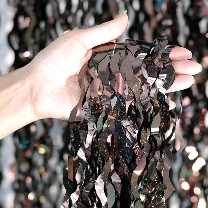 4Pcs Brown Metallic Wavy Tinsel Curtains - 3.3x6.6 ft Foil Curtain Backdrop for Birthday Party, Halloween Decor