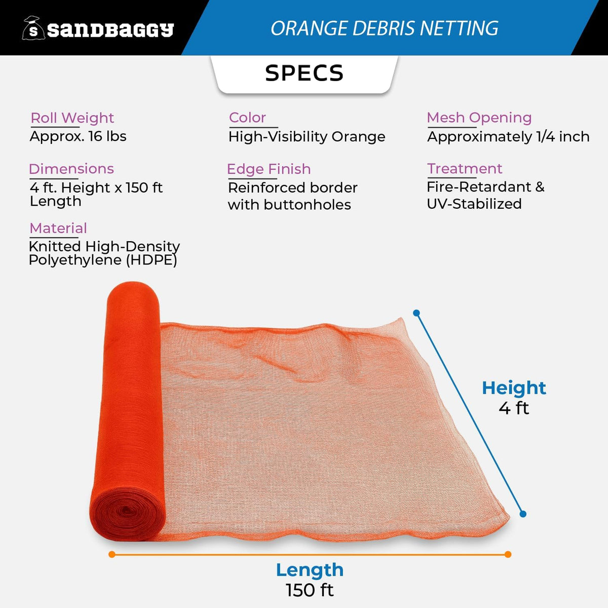 Sandbaggy Fire Resistant Debris & Safety Netting | Orange Construction HDPE Mesh (1, 4 ft x 150 ft)