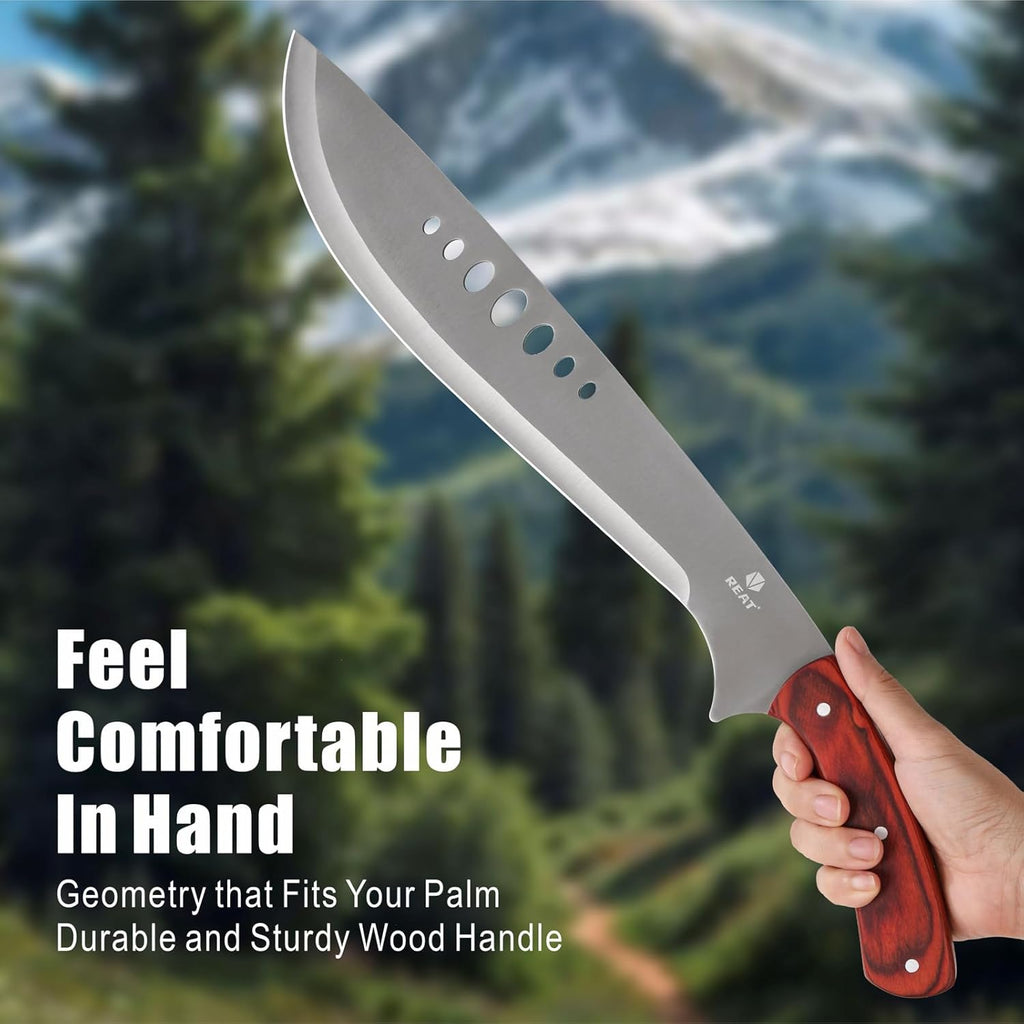REAT Machete Heavy Duty with Leather Sheath,19-inch Full Tang 420 Stainless Steel Blade with Wood Handle,Machetes for Yard Work, Cutting Trees,Camping,Hunting