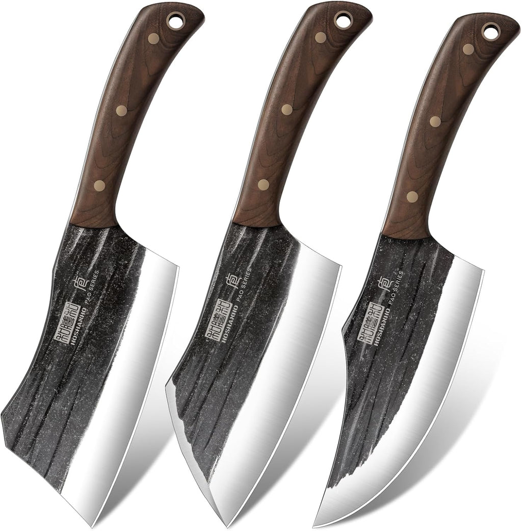 HOSHANHO Butcher Knife Set, 3-Piece High Carbon Steel Serbian Chef Knife Set of Heavy Duty Boning Knife & Meat Cleaver Knives & Viking Knives for Home, Cooking, Outdoor Camping BBQ