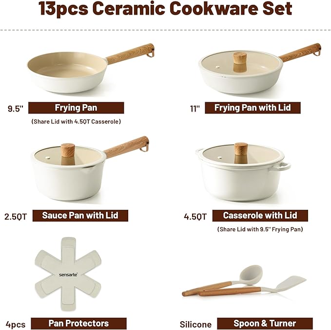 SENSARTE Ceramic Nonstick Cookware Set, Non-toxic Healthy Pots and Pans Set Ceramic Coated Kithchen Cooking Set, Free of Intentionally Added PFAS/PTFE, Dishwasher&Oven Safe Induction Compatible, 13pcs