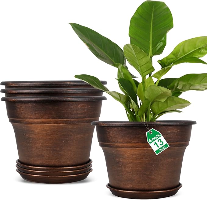 Plant Planters Pots Set of 4 Pack 13 Inch，Large Plastic Flower Pot for Indoor Plants with Drainage Holes & Trays, Resin Decorative Container Sets with Saucer for House Outdoor Garden Plant Copper